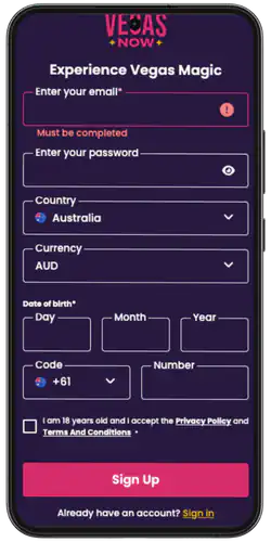 VegasNow Casino bonus Register