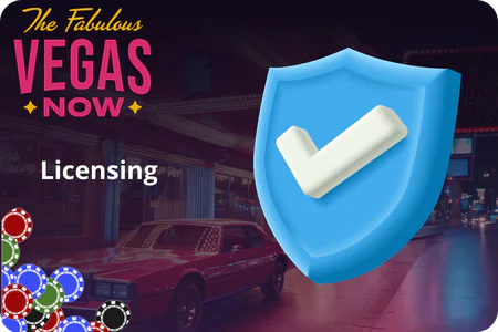 Vegas Now online pokies graphic with blue checkmark shield and Licensing caption