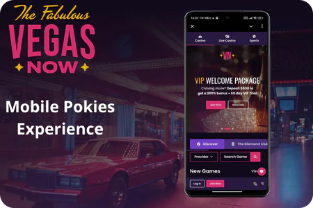 Vegas Now online pokies mobile site with VIP welcome package banner .