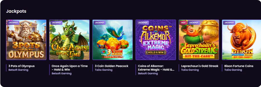 Jackpots row at Vegas Now online pokies lobby with progressive slot tiles